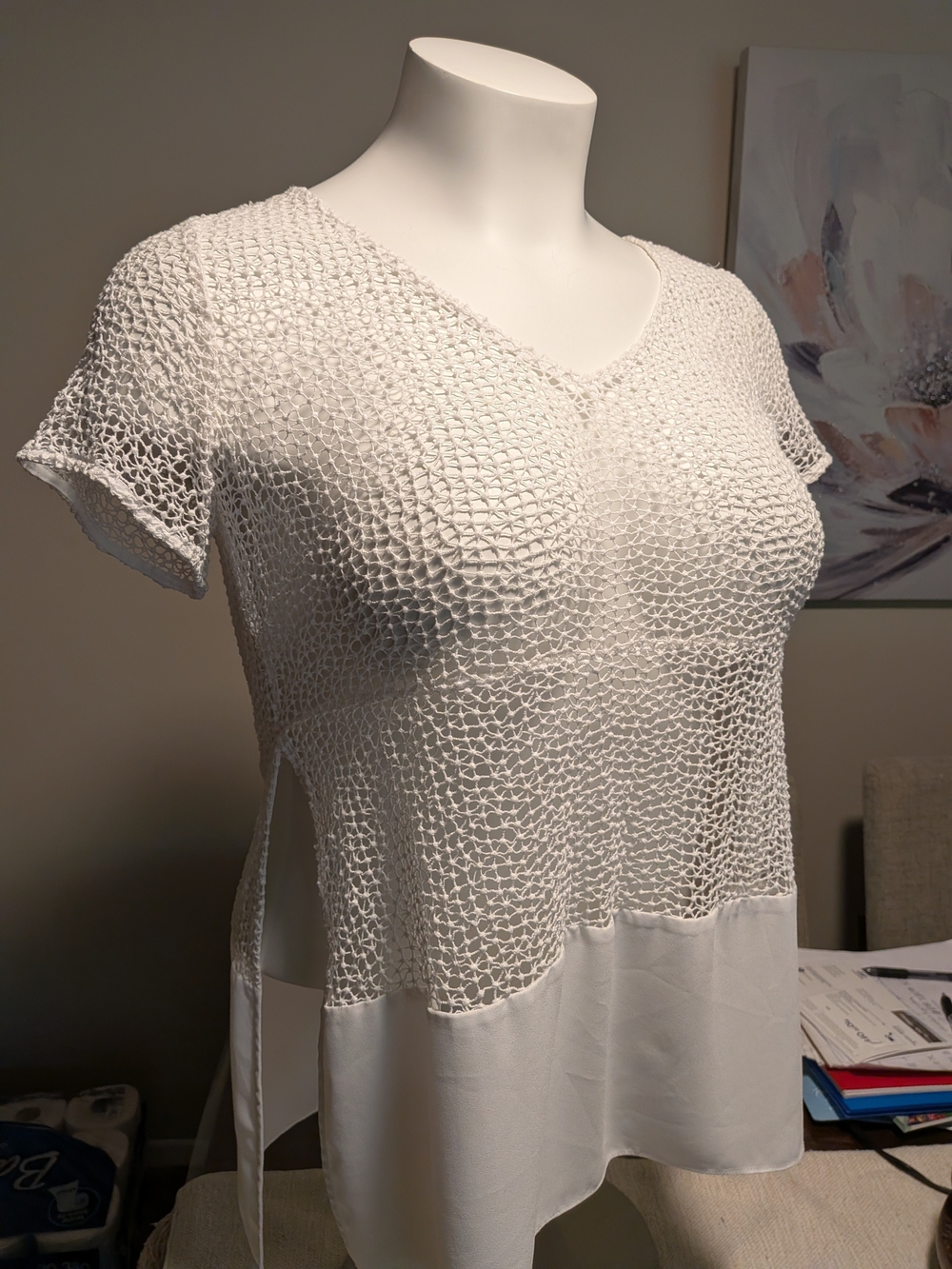 White Crochet Mesh V-Neck Tunic Top Size Medium